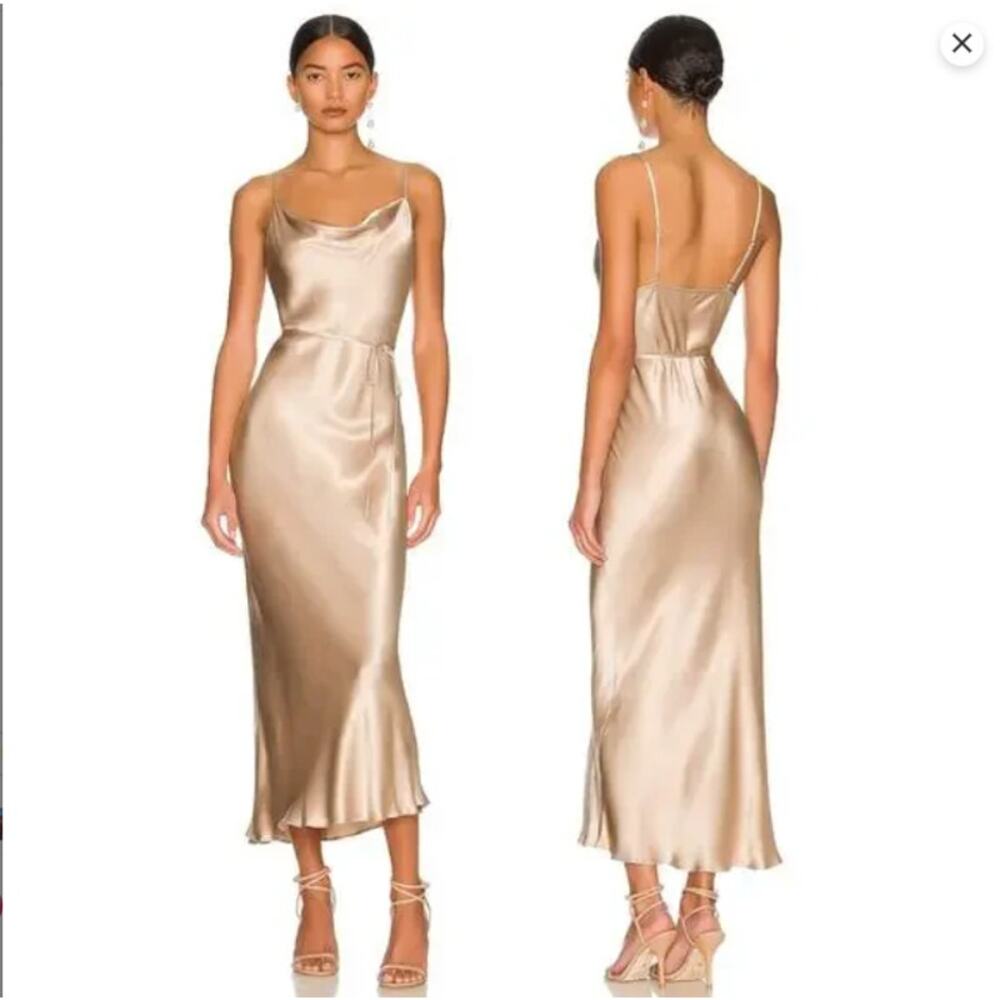 Shona Joy Champagne Satin Slip Midi Dress